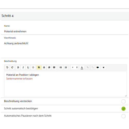 Arbeitsschritt mit Bild und Text erfassen in der Software