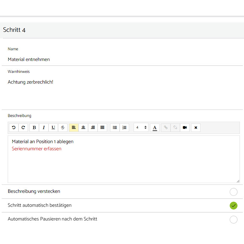Arbeitsschritt mit Bild und Text erfassen in der Software